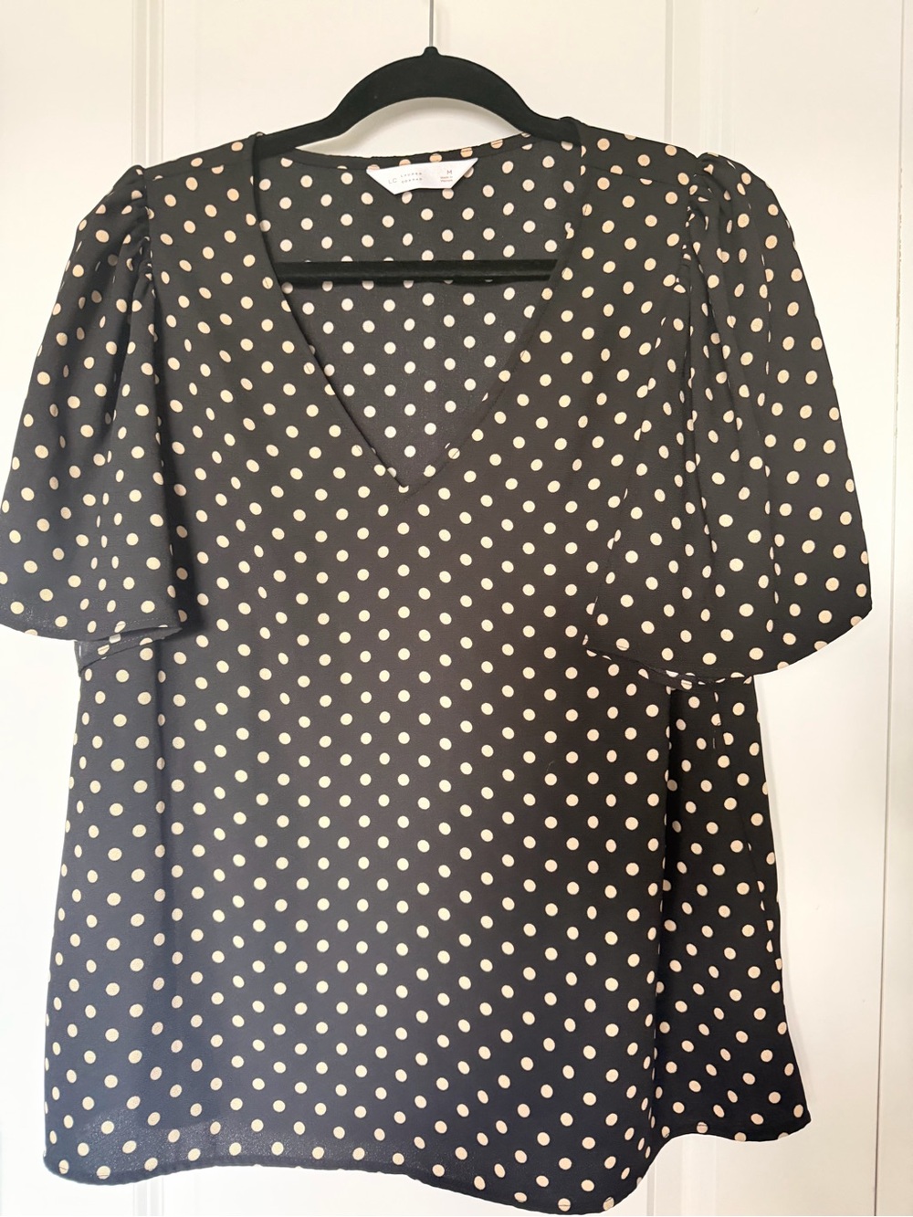 LC Lauren Conrad Black Polka Dot V-Neck Puff Sleeve Blouse